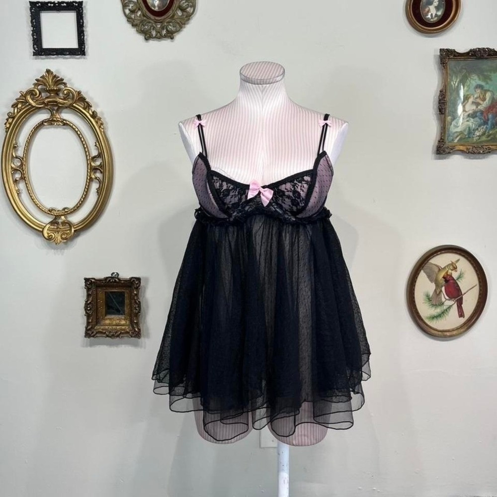 Vintage Victoria's Secret Sheer Black Lace Babydoll Lingerie Set Pink Bow 36B
